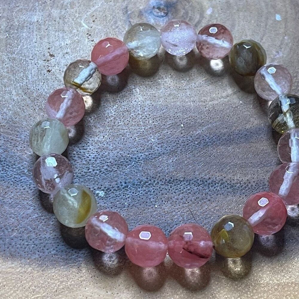Watermelon Quartz high quality faceted 10mm 7” ONE beaded stretch bracelet new c